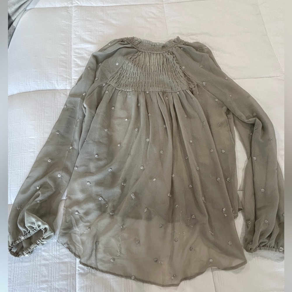 Free People sz. M long sleeve sheer blouse green polka dot - Picture 7 of 9